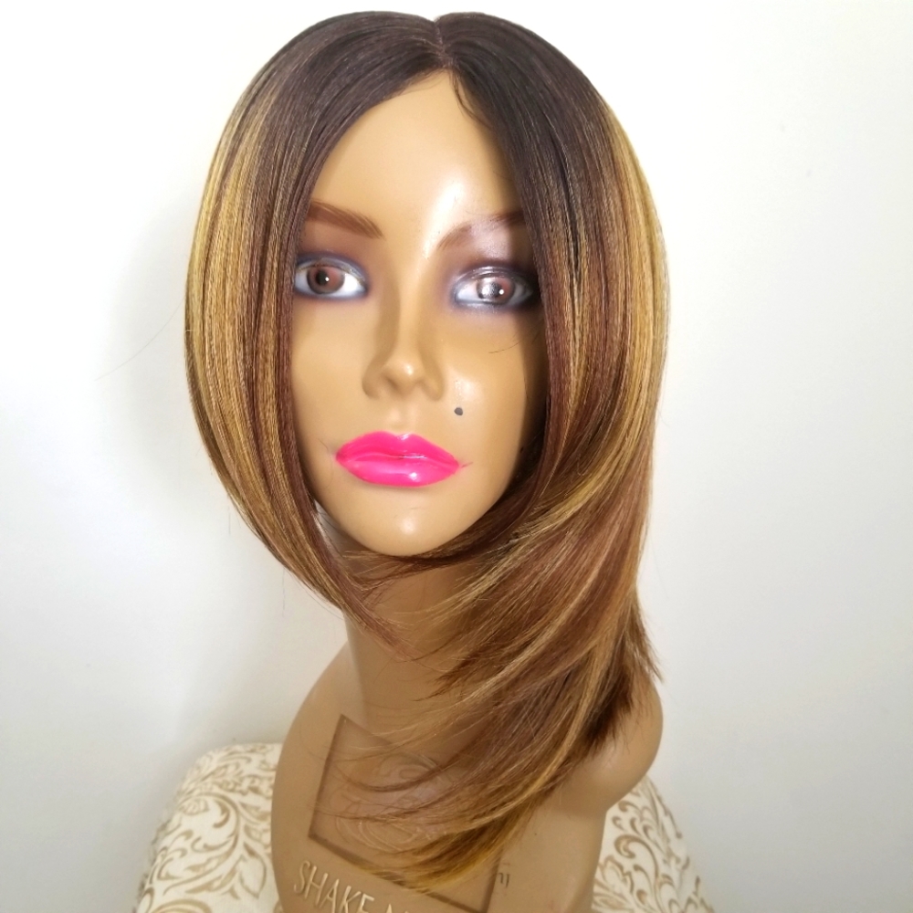 Blonde/Brown Asymmetric Bob Human Blend Wig